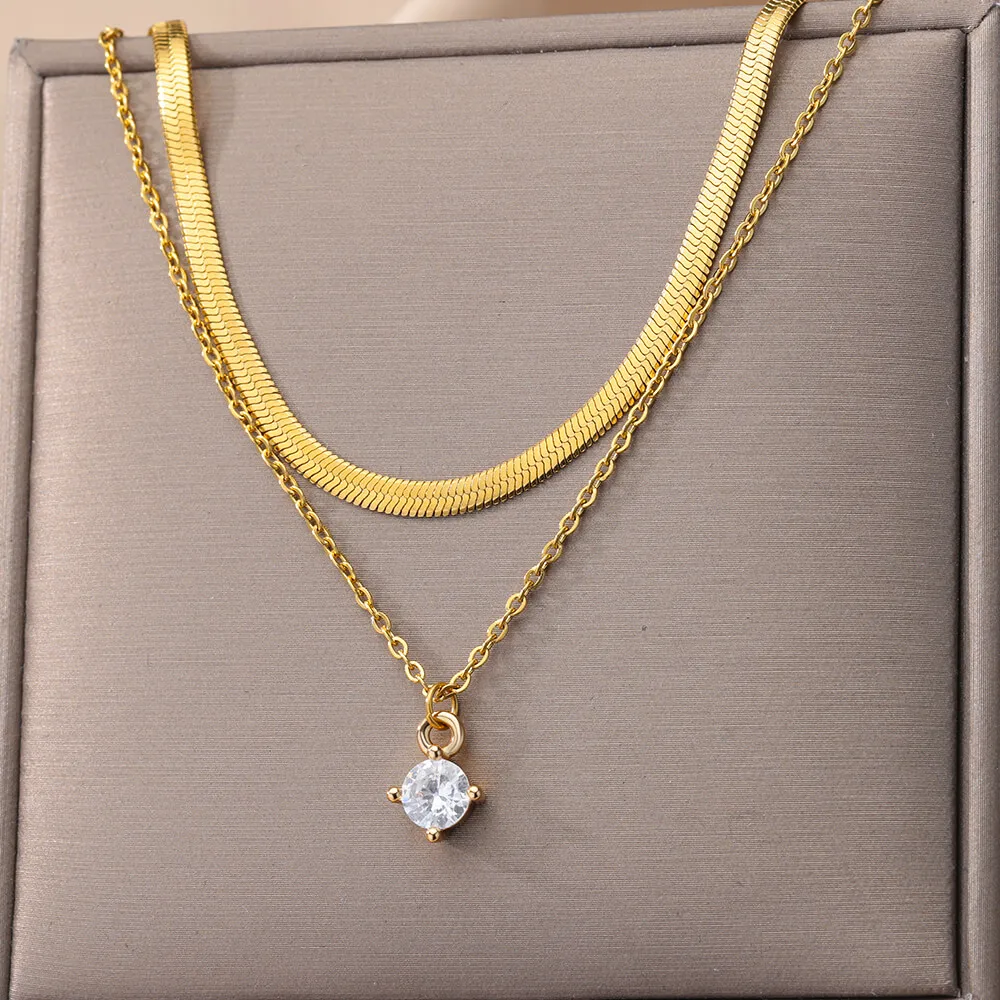 

316L Stainless Steel Gold Color 2in1 White Stone Pendant Necklace For Women Vintage Snake Chain Girls Neck Jewelry Gift