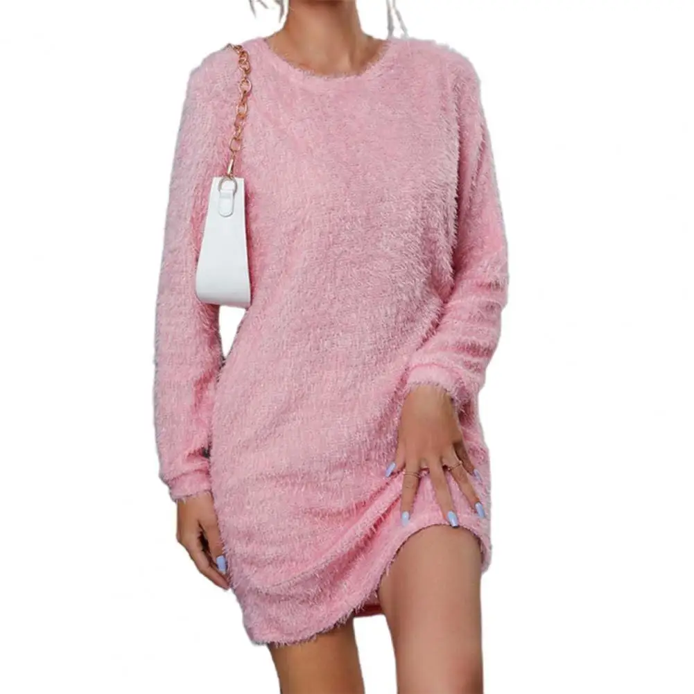 

Fashion Sweater Dress Women Round Neck Solid Color Loose Casual Women Winter Warm Long Fluff Mini Dress vestidos платье женское