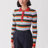 rainbow striped pullovers y2k za women autumn polo neck skinny sweater tops harajuku sweet cute flower embroidery jumpers femme