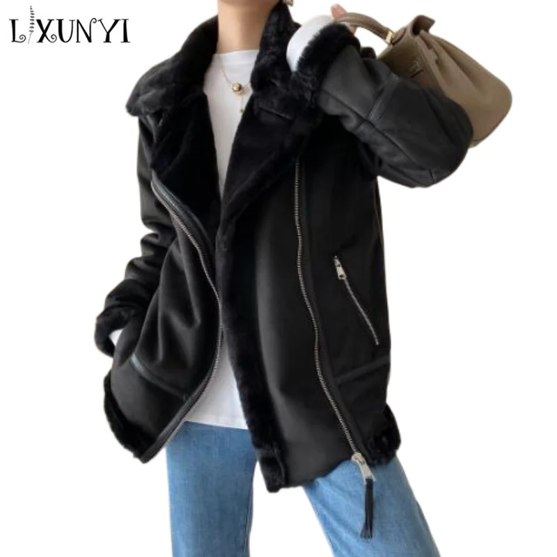 LXUNYI Shearling Coat Women 2023 Thick Warm Long Sleeve Loose Motorcycle Jacket Plush Korean Winter Ladies Suede Oversize Beige