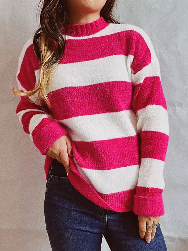 

Women Striped Knitted Pullovers Sweaters Female Fashion Half-Neck Overtise Sweater 2022 Autumn Winter Lady Soft Warm Jumpers