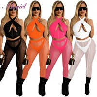 fitness sheer me 2 piece set women sexy halter backless croset crop tops leggings pants summer tracksuit outfit party club suit