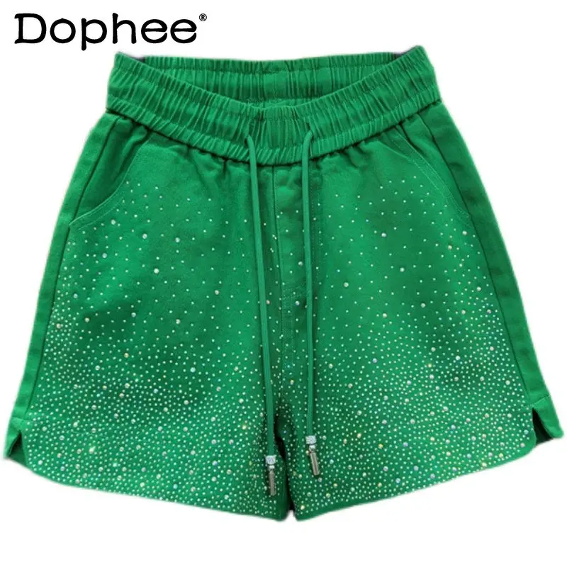 

Thin Color Heavy Embroidery Diamond Drills Denim Shorts Women's 2023 Summer Loose High Waist Slimming Elastic Waist Booty Pants