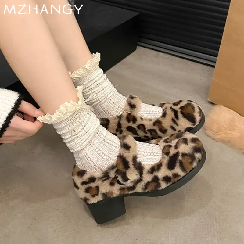 Туфли Мэри Джейн с леопардовым мехом женские модные теплые хлопковые туфли на