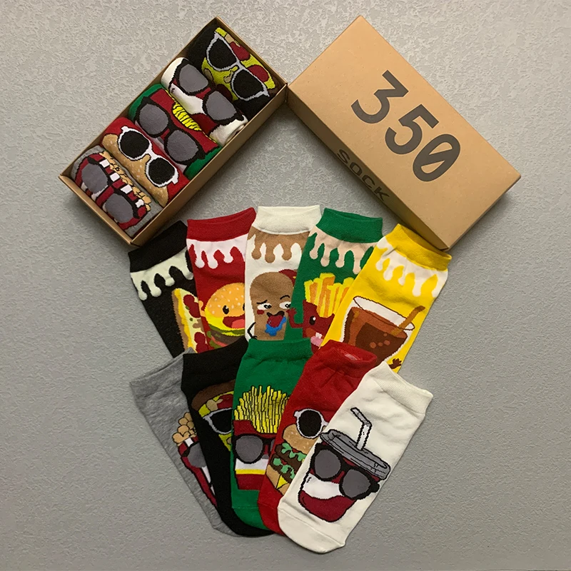 5 Pairs/Box Funny Cartoon Burger Fries Short Socks Cotton Harajuku Food Pizza Soft Cute Fashion Ankle Men Women Socks Pack Gifts