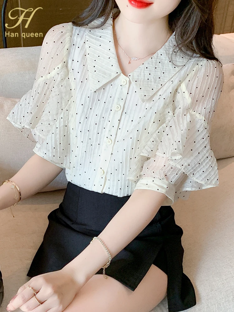 

H Han Queen 2023 New Summer Women Vintage Dots Ruffles Ladies Tops Short Sleeve Casual Chiffon Blouse Female Work Office Shirts
