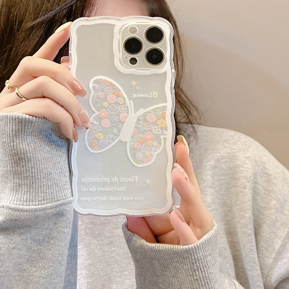 Противоударный защитный чехол с волнистыми краями и бабочками для IPhone 13,  12, 11 Pro Max, X, XR, XS, 7, 8 Plus, прозрачный мягкий чехол | AliExpress