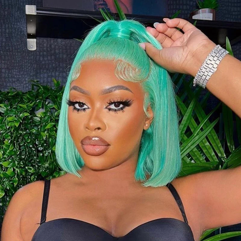 Зеленый Боб Пикси Короткие Прямые Волосы Парик Hd Прозрачные Кружева Фронтальные