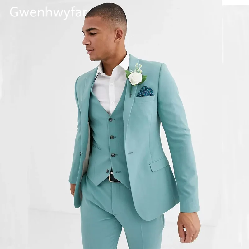 

Gwenhwyfar осень 2022 бирюзовые мужские костюмы из 3 предметов с вырезом на лацкане на одной пуговице облегающие Свадебные смокинги для жениха платье для выпускного вечера