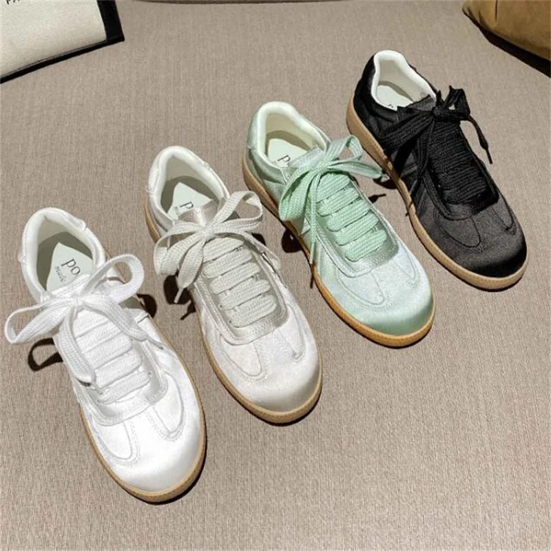2022 New Casual Sneakers Comfortable Flat Shoes Women's Simple Sports Satin White Shoes Lace-up Zapatos De Hombre 34~40