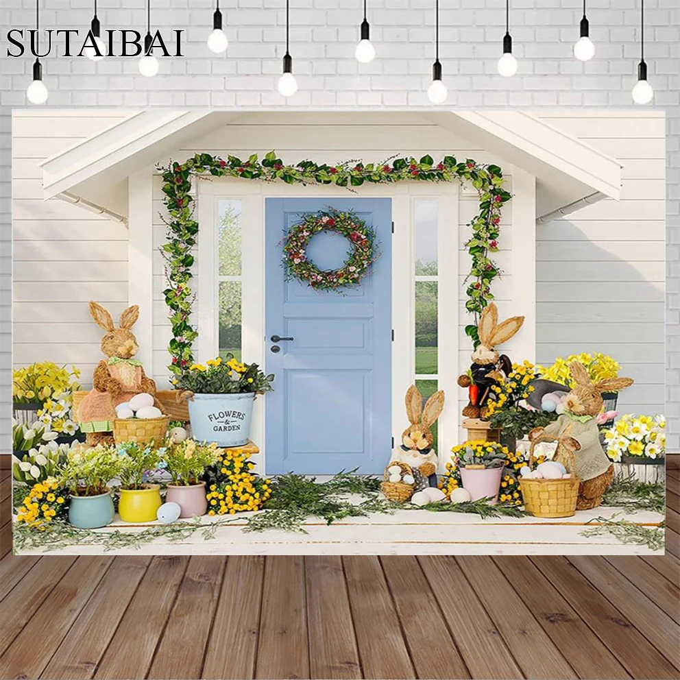 

Фон в деревенском стиле с пасхальными яйцами весенним ландшафтом моркови веревкой кроликом украшением кирпичной стены фоном реквизит для ...