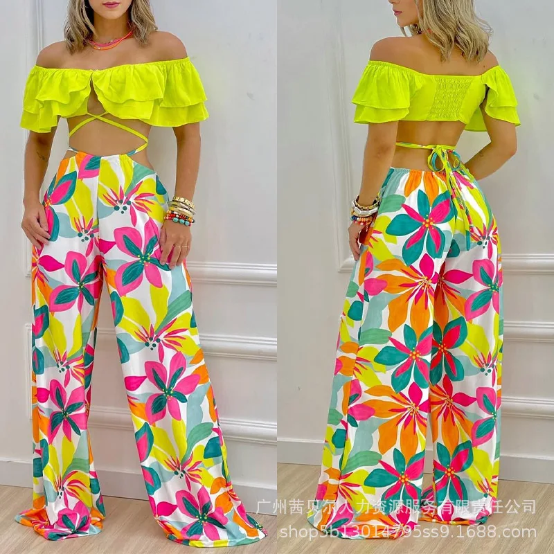 

Топ женский с открытыми плечами и оборками, пикантный брючный костюм для отдыха, майка с коротким рукавом, топ с широкими штанинами, на лето