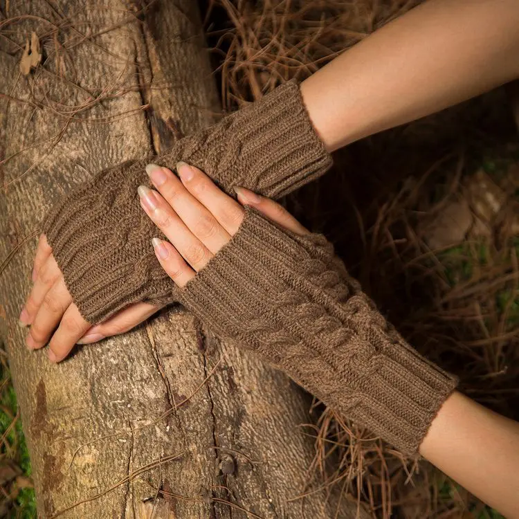 

Women Winter Waist Length Fingerless Gloves with Thumbhole, Unisex Thick Cable Knit Driving