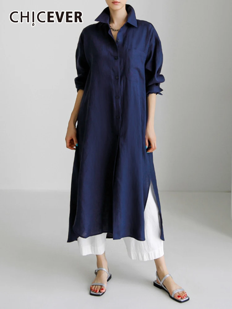 

CHICEVER корейские минималистичные платья для женщин с отворотом и длинным рукавом, однобортное, с разрезом по бокам, винтажное однотонное платье средней длины для женщин, новинка