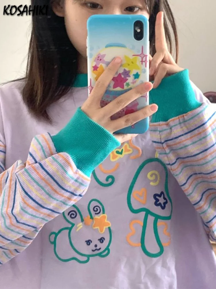 

Милый Женский свитшот с круглым вырезом, модель Kawaii, весенний свитшот с длинным рукавом, худи в стиле Харадзюку, уличный пуловер в полоску