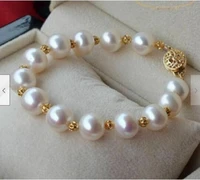 natural 11 12mm round nanhai genuine white pearl bracelet 14k gold buckle