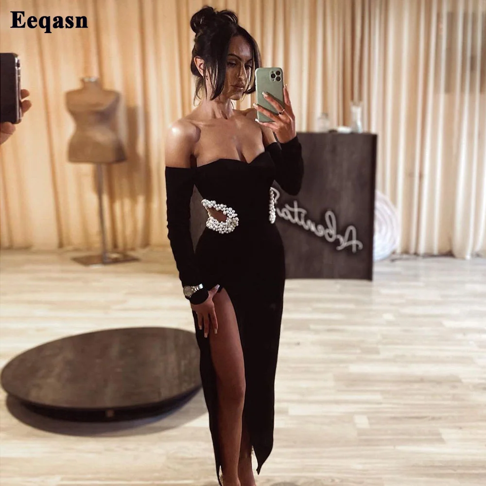 

Eeqasn Black Mermaid Evening Dresses Pearls Long Sleeves Women Prom Gowns Slit Side Ankle-Length Wedding Party Bridesmaid Dress