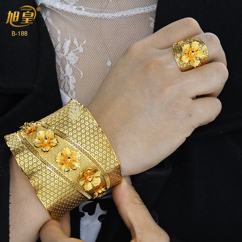 

XUHUANG Wholesale Plated Gold Bangles With Ring Dubai Bride Wedding Banquet Bracelet Jewellery Gift Hawaiian Arabic Charm Bangle