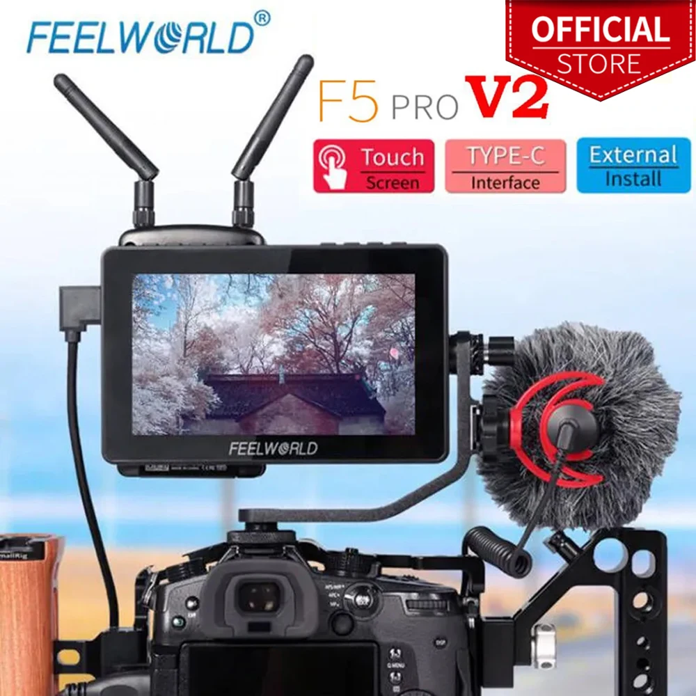 Монитор полевой FEELWORLD F5 Pro V2 5,5 дюйма на камеру DSLR со встроенными 3D LUT, сенсорным экраном IPS, поддержкой 4K HDMI и беспроводной трансляцией.