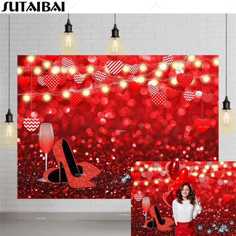 

Фон для студийной фотосъемки День Святого Валентина Высокие каблуки Алмазный Красный Блестящий Фон Для романтической свадебной фотосъемк...