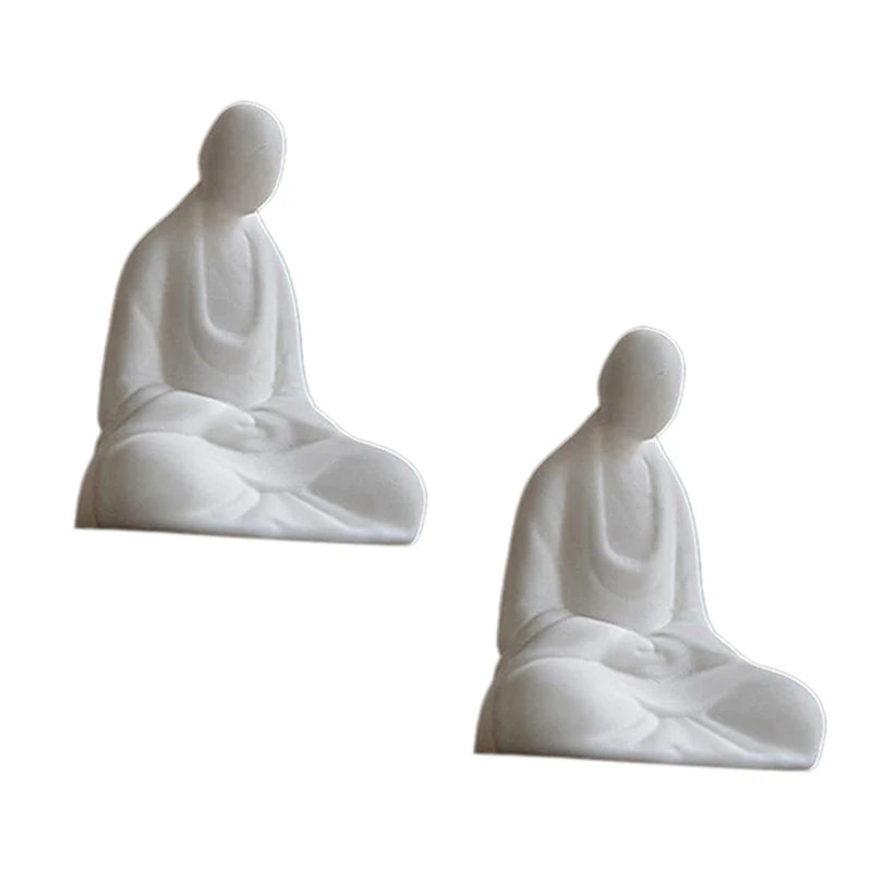 

2X Mini White Ceramic Buddha Statue Meditating Monk Buddha Statue Zen Style Home Decoration