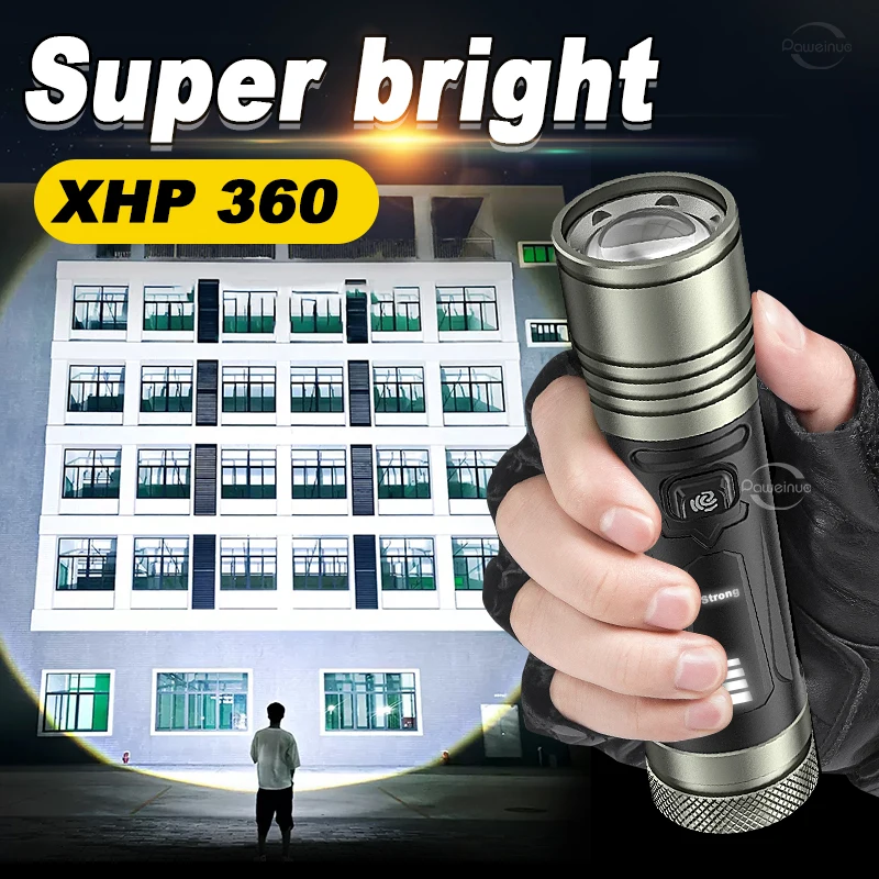 

Новейсветильник мощный яркий фонарик XHP360, светодиодный фонарь 18650 с зарядкой от USB, светодиодный фонарь высокой мощности 1500 м, фонарь для кем...