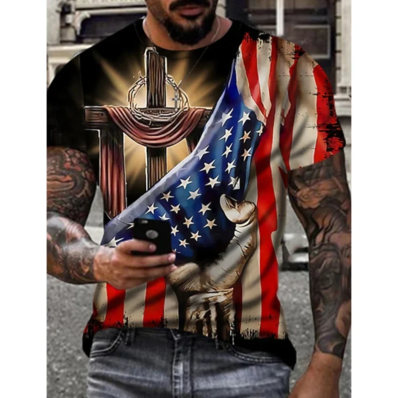 Летняя новая мужская футболка с американским флагом и 3D принтом Мужская дышащая