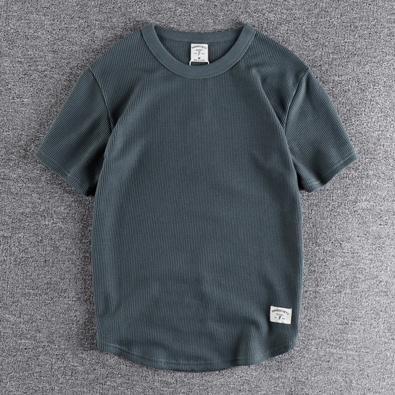 Waffle short sleeve t-shirt men's summer trendy round neck breathable solid color heavy bottomed shirt half sleeve youth