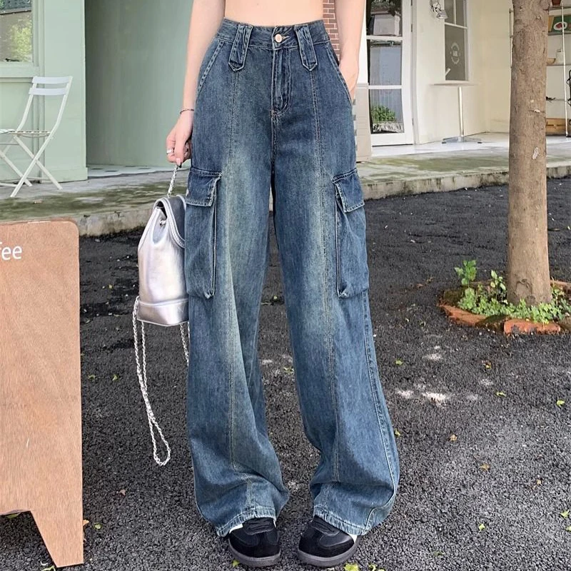 

Rimocy Blue High Waisted Cargo Jeans for Women Streetwear Wide Leg Baggy Pants Woman 2024 Pockets Straight Denim Pants Female