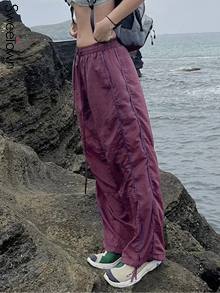

Sweetown Side Stripe Purple Sweatpants Women Elastic Low Waist Y2K Joggers Vintage 90s Casual Baggy Trousers Hippie Streetwear
