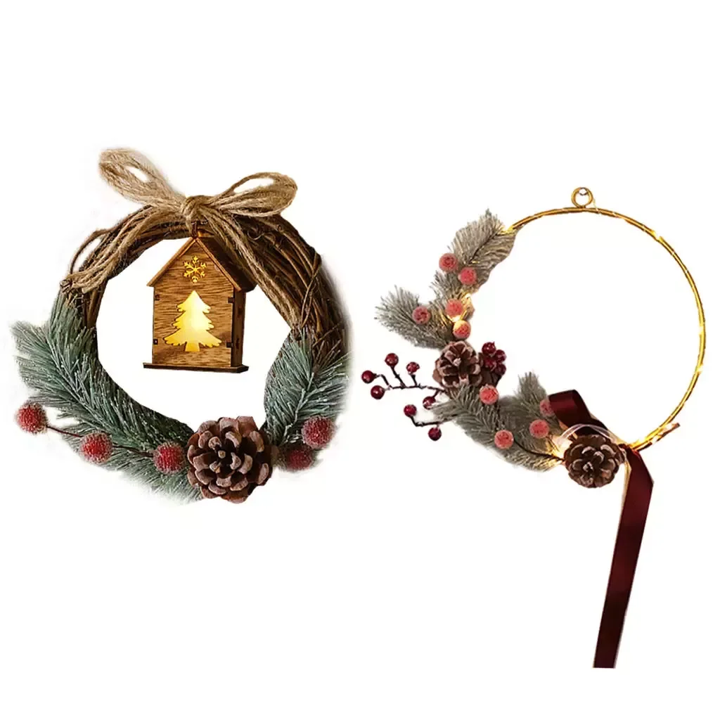 

Hanging Christmas Wreath Garland with Green Leaves Pine Cones with Lights Front Door Wall Hanging Decoration Fireplace Ornament