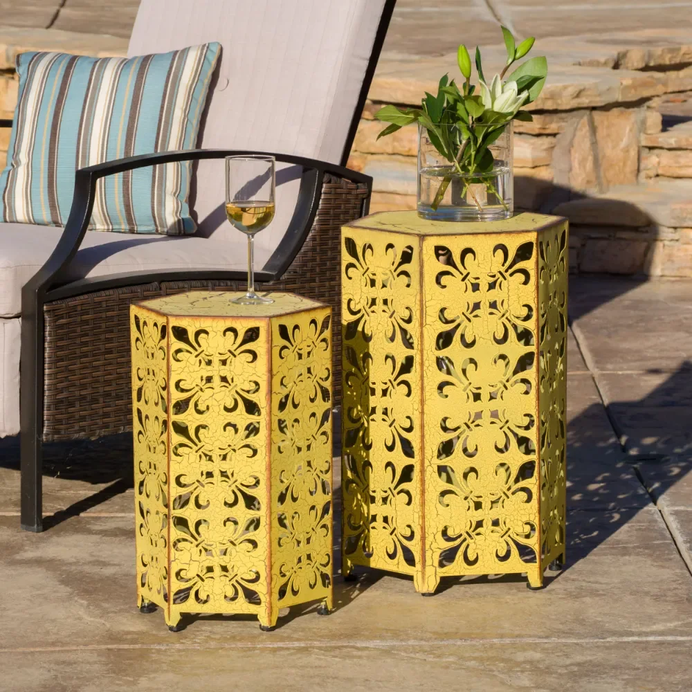 Outoor Iron Outdoor Tables Accent Tables, Set of 2, Yellow 14.25 X 12.50 X 22.00 Inches