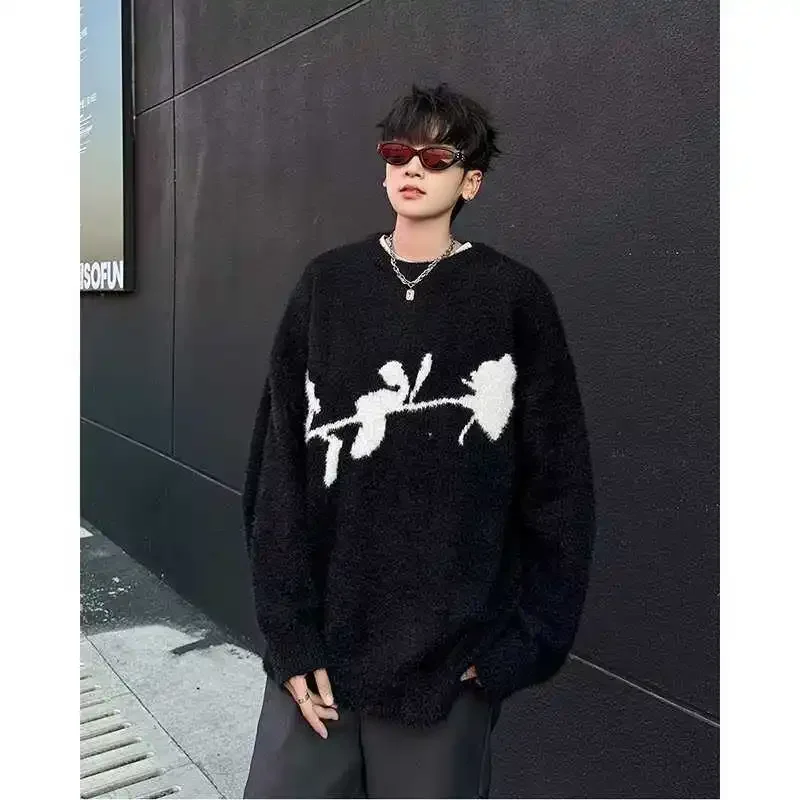 Трикотажный кашемировый пуловер JinYue с темно-розовыми цветами свободный