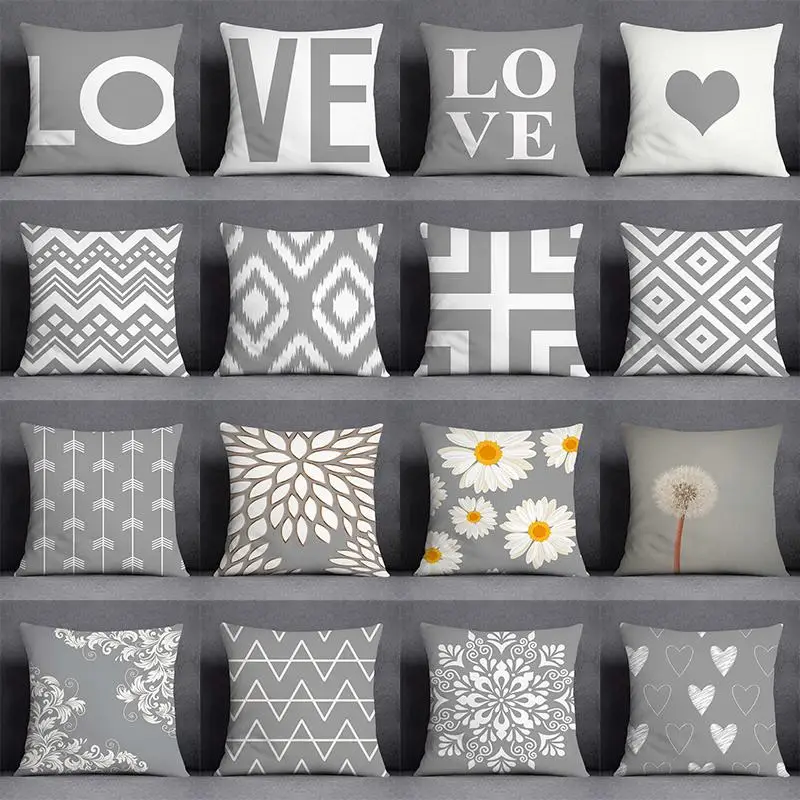 

45x45cm Grey Low White Floral Pattern Printed Home Decor Pillowcase Square Pillowcase Home Office Decor Cushion Cover