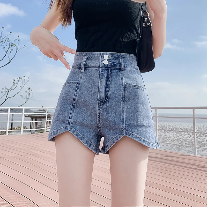 

2021 Women Spring Summer New Elegant Shorts Lady skinny High Waist Wide Leg Denim Shorts Female Casual Solid Shorts