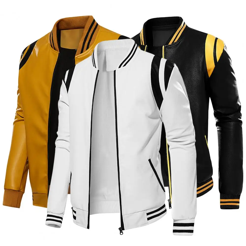 

Мужская трендовая ветрозащитная куртка контрастных цветов, куртка из искусственной кожи, пальто с карманами для повседневной носки