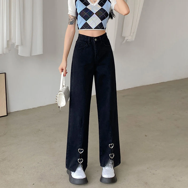 

Autumn Y2K Black Baggy Jeans Woman Front Side Slit High Waist Wide Leg Pants Female Denim Trousers Streetwear Harajuku Fashion