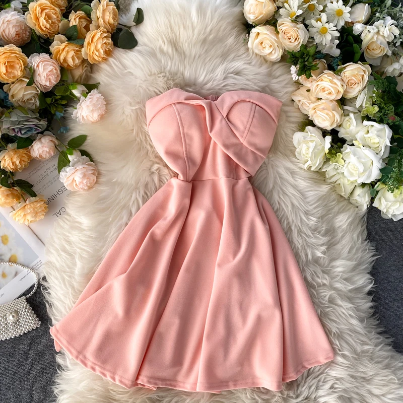 

Sexy Dress Women Summer Strapless Sleeveless Slim Fashion Backless Short A-line Slash Neck Dresses
