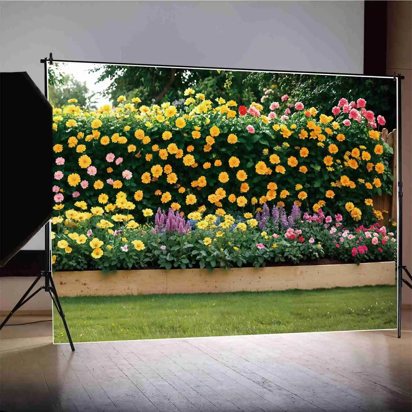

Flowers Garden Photography Backdrops Yellow Blossom Green Grassland Wall Personalized Kids Photobooth Photo Background Banners