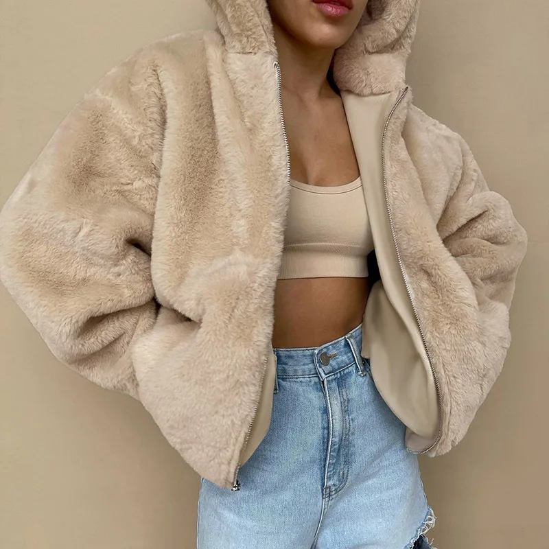 

2022 New Lamb Hair Loose Coat Zipper Hooded Long Thick Shirt