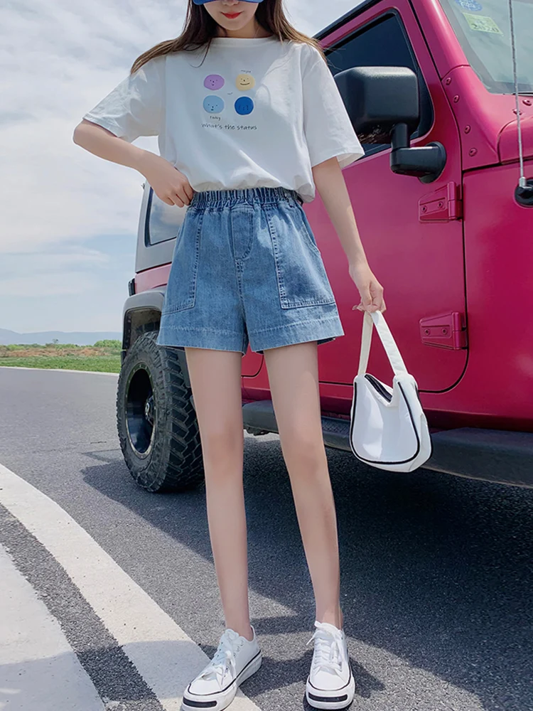 New Summer Women Elastic Waist Wide Leg Denim Shorts Streetwear Female Loose Pocket Retro Jeans Shorts Bottoms