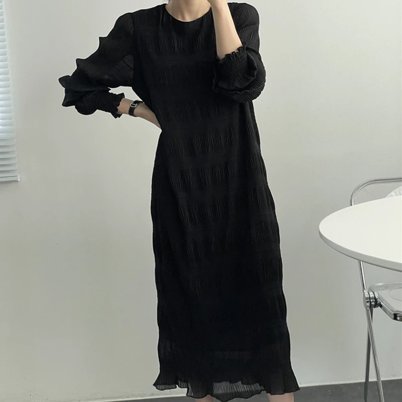 Женское шифоновое платье с круглым вырезом длинным рукавом |