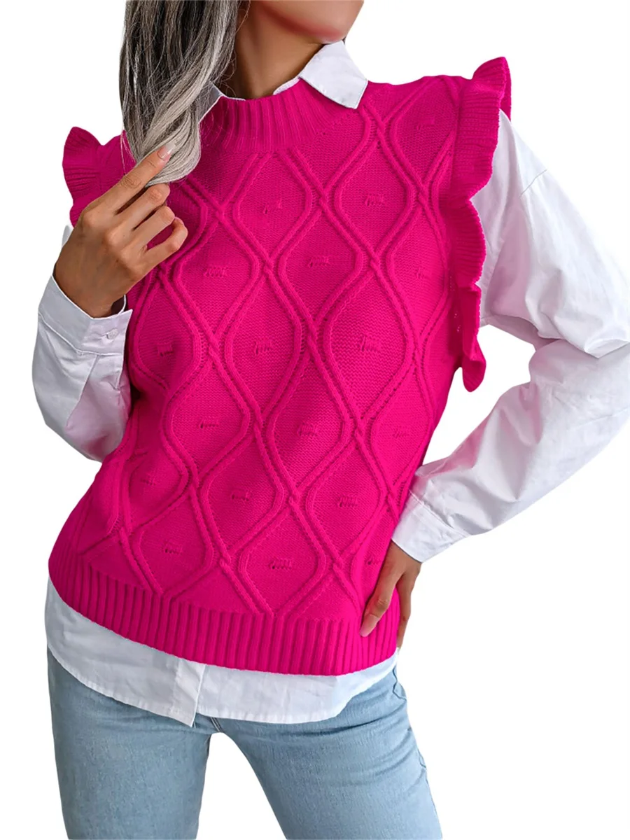 

Women s Ruffle Trim Crew Neck Sweater Vest Sleeveless Tank Tops Casual Pullover Sweater Vest Fall Knitwear