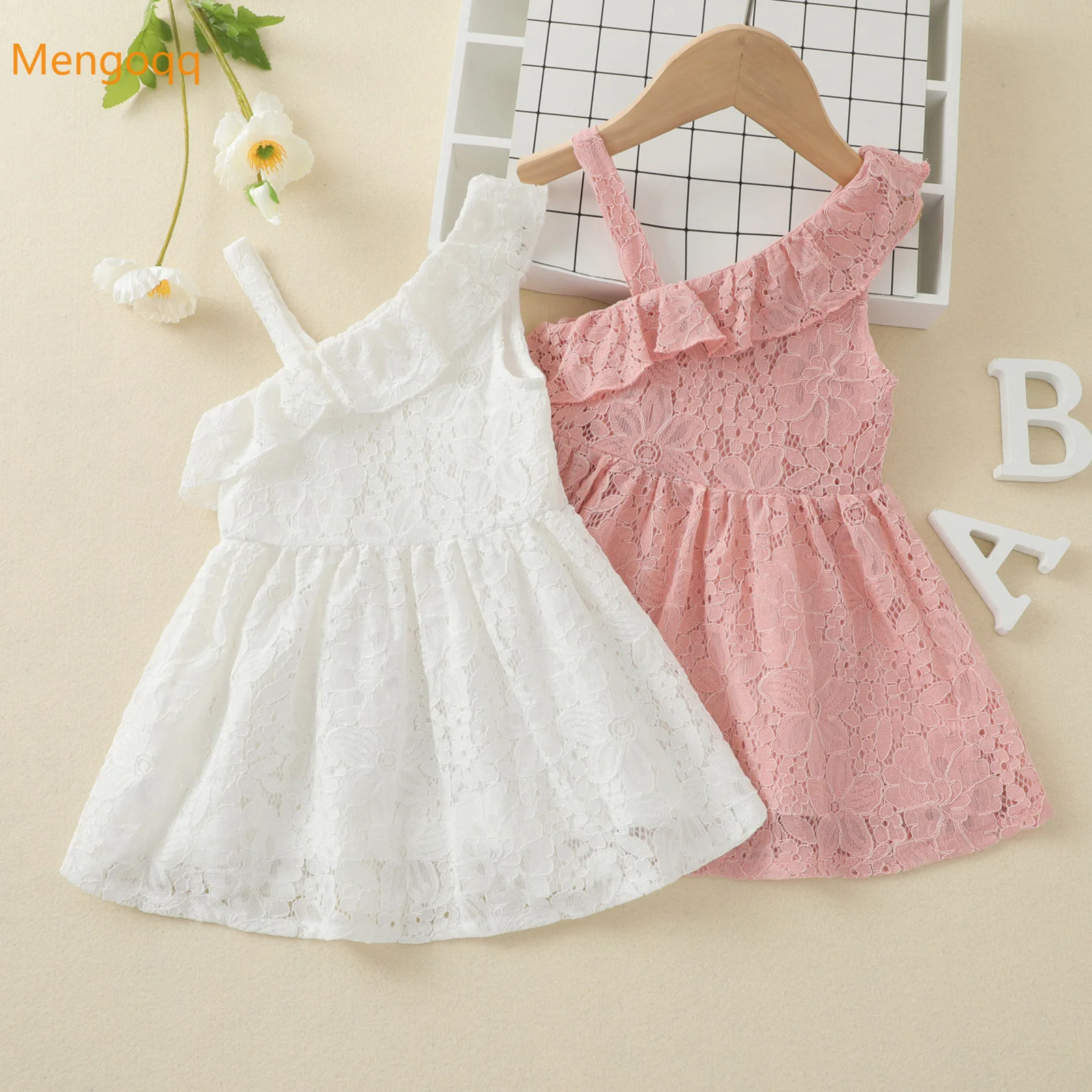 

Fashion Girls Summer Off Shoulder Sling Lace Solid Knee-length Dress Ruched Kids Baby Children Clothing Princess 1-6Y