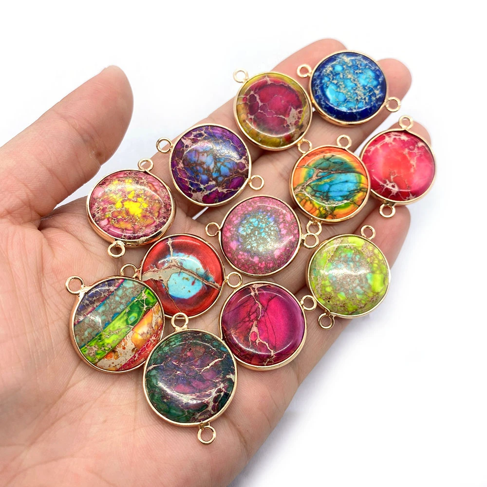 

Natural Stone Round Emperor Stone Pendant 21x29mm Seven Chakra Double Hole Connector Charm DIY Necklace Earring Accessories 1pcs