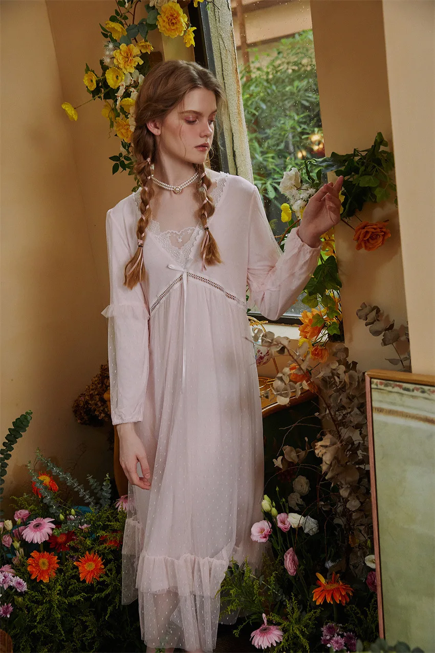 New Women's Spring Autumn Bowknot Lace Gauze Splicing Cotton Lining Nightgowns Sleepshirts Sleepwear Pajama