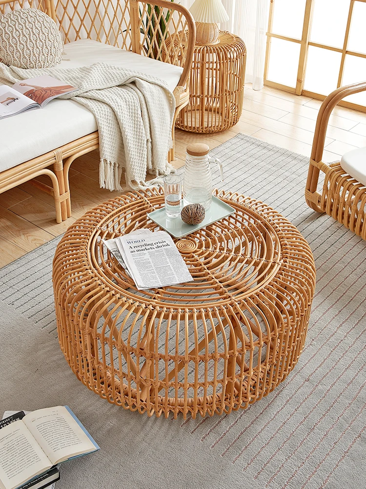 

Ins Rattan Furniture Modern Retro Circular Glass Small Tea Table Household Contracted Nordic Living Room Creative Coffee Table