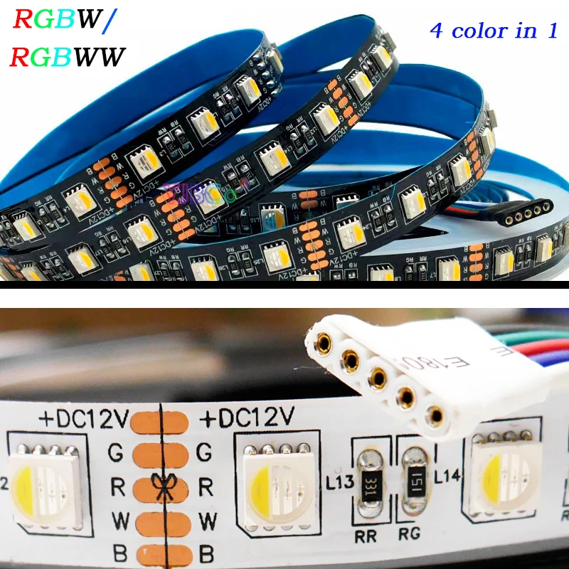 DC 12V 24V 5M RGBW / RGBWW LED Strip 4 color in 1 flexible Lights Bar 5050 SMD Lamp Tape 60leds/m IP30/65/IP67 White/Black PCB