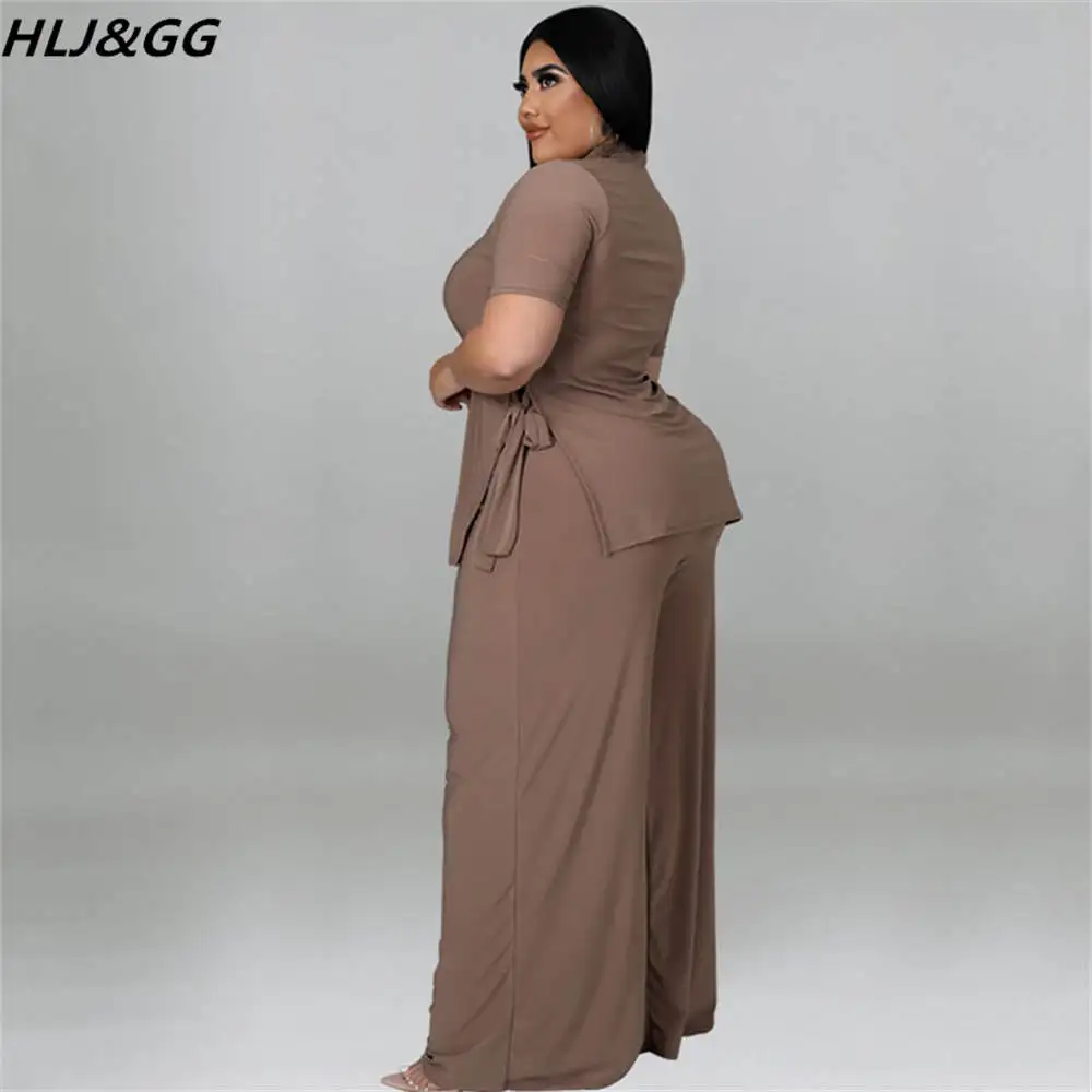 HLJ&GG Casual Plus Size Women Clothing XL-5XL Women Round Neck Short Sleeve Side Bandage Top And Wide Leg Pants Two Piece Sets