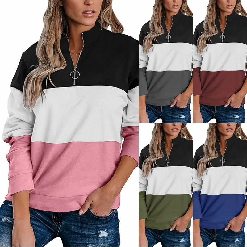 

2022 autumn and winter new women's clothing lapel zipper stitching sweater pullover jacket top